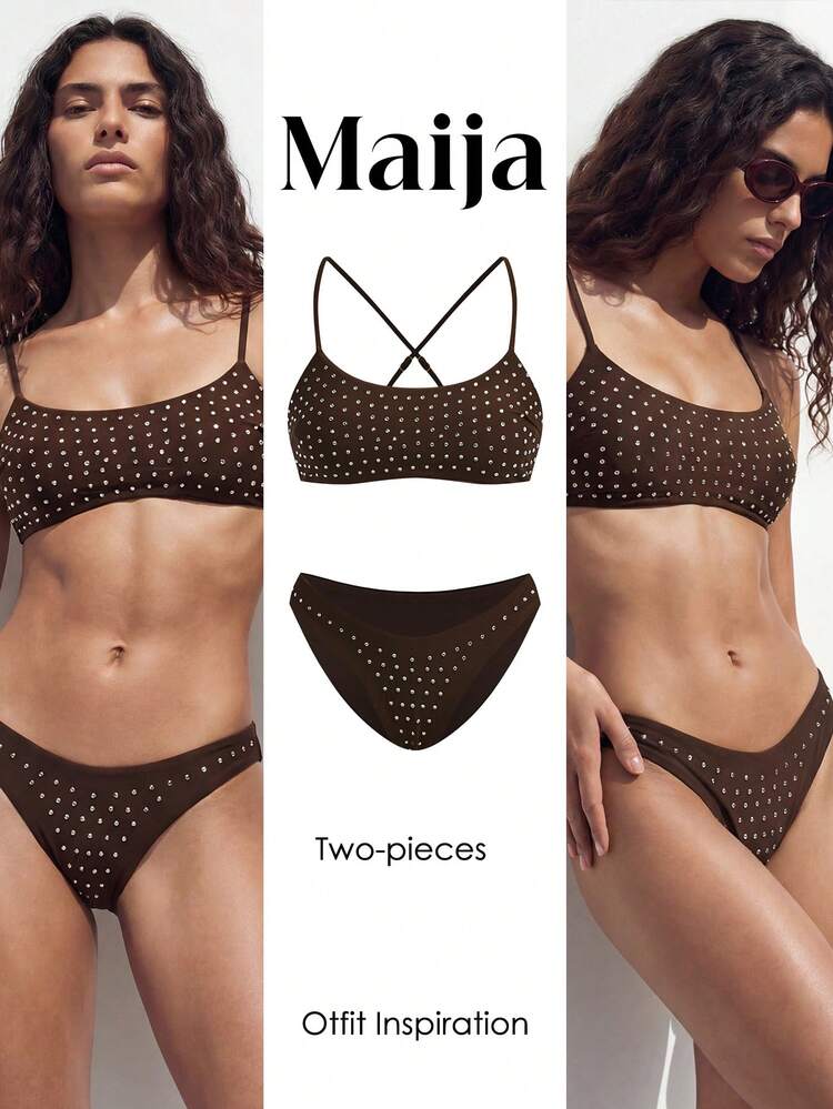 SHEIN Maija 2pcs Women's Casual Vacation Style Criss-Cross Wireless Swimwear And High Waist Rhinestone Bikini Bottoms, Brown Brown Swimsuit Top Brown Bathing Suit Women Bikini Brown 2 Pieces Bikini Polka Dot Bikini Bikini Sets Embellished Women's Bikini Sets Brown Bikini Women's Swimsuit 2 Pieces Women Two Pieces Beach Vacation Outfits For Women