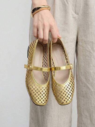 CUCCOO BIZCHIC 春夏金色激光镂空方头字带舒适柔软简约通勤女平底鞋