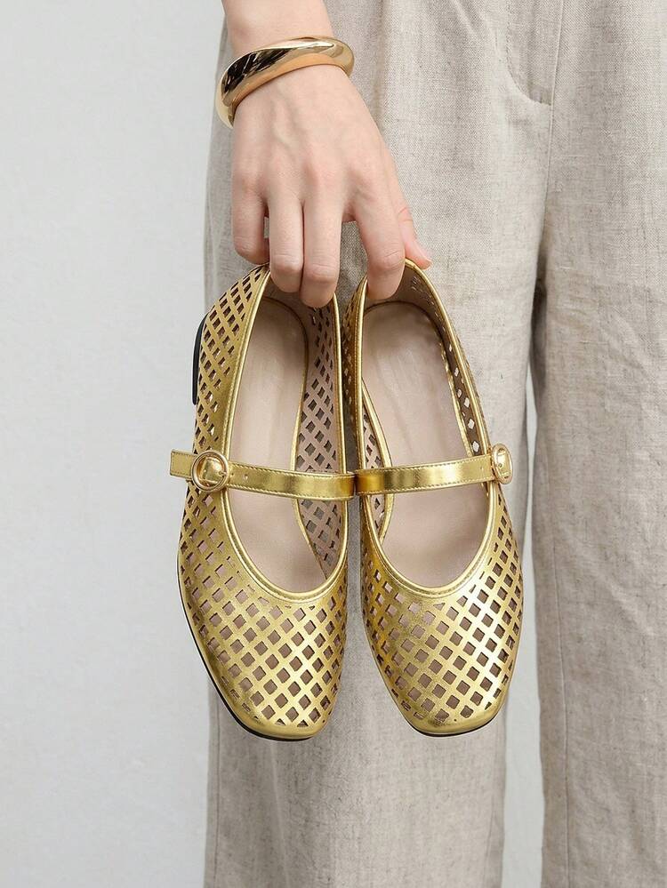 CUCCOO BIZCHIC Spring And Summer Gold Laser Hollow Square Toe Word Belt Comfortable Soft Simple Commuter Women Flat Shoes