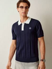 RONVEXI 男士字母刺绣撞色 Polo 领短袖针织衫 - 彩色 - 查看 5