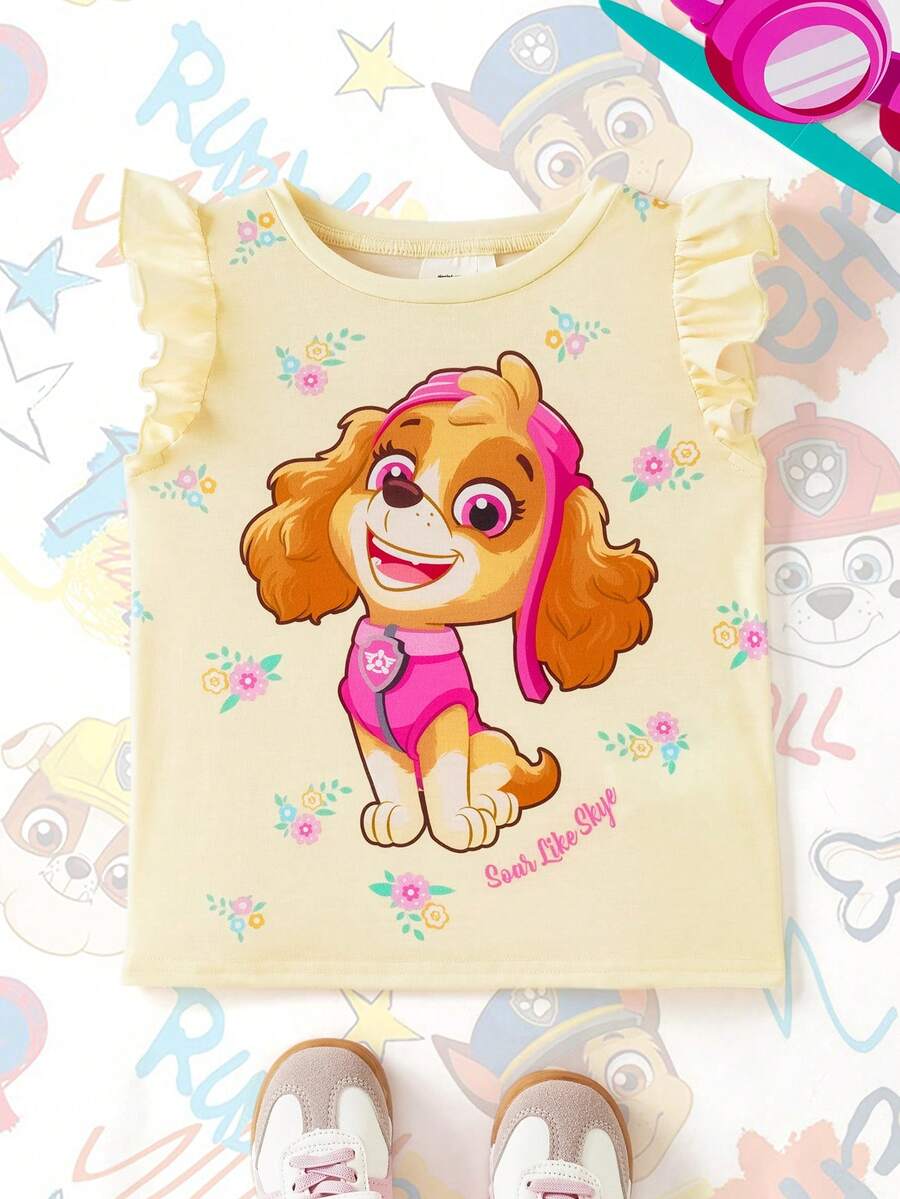 SHEIN | PAW Patrol 少女卡通印花圆领休闲日常T恤 - 黃色 - 查看 1