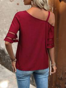 SHEIN LUNE Asymmetrical Neckline Sheer Mesh Patchwork Shirt One Shoulder Top - Red - View 2