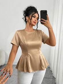 Elenzga Áo kiểu nữ cỡ lớn thanh lịch, thường ngày, tay ngắn, chất liệu satin, dáng xòe, đa năng, cổ tròn, thích hợp cho mùa xuân/hè. - Màu be - Xem 3