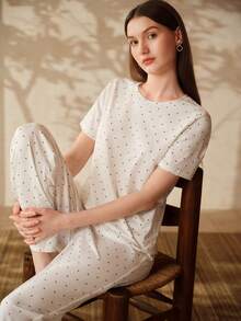 MOTF PREMIUM Bộ đồ ngủ nữ in họa tiết chấm bi gồm áo thun ngắn tay và quần short. - trắng - Xem 6