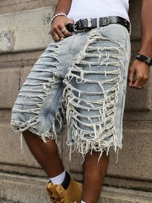 Manfinity EMRG Quần short denim nam màu xanh dương, kiểu dáng thường ngày, kẻ sọc, rách gấu. - Rửa nhẹ - Xem 6