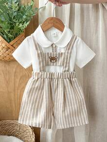 SHEIN Vintaside Kids 2pcs/Set Newborn Baby Boy French Style Light Blue Collar Short Sleeve Top Paired With White Bib Pants, Suitable For Play And Various Occasions - Khaki - View 1