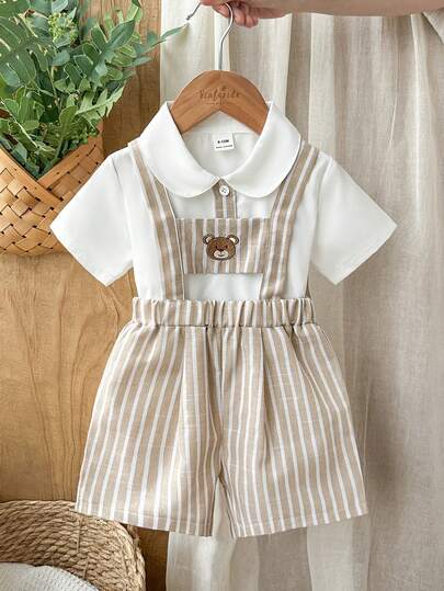 SHEIN Vintaside Kids Bộ 2 món cho bé trai sơ sinh, kiểu Pháp, áo tay ngắn cổ bẻ màu xanh nhạt kết hợp với quần yếm trắng, thích hợp cho chơi đùa và nhiều dịp khác nhau.