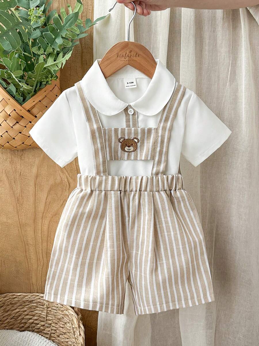 SHEIN Vintaside Kids 2pcs/Set Newborn Baby Boy French Style Light Blue Collar Short Sleeve Top Paired With White Bib Pants, Suitable For Play And Various Occasions - Khaki - View 1