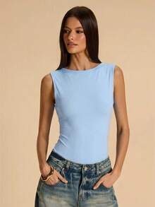 Mono de mujer de unicolor casual con espalda descubierta, decoración de cadena metálica en el cuello, adecuado para playa, vacaciones, resort, trabajo casual, viajes, salidas de ocio, mono marrón, mono elegante y sexy con espalda descubierta - Celeste - Ver 5