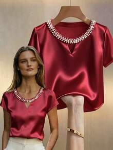 SHEIN 纯色缎面V领珍珠点缀温柔知性女士短袖T恤 - 酒紅色 - 查看 5