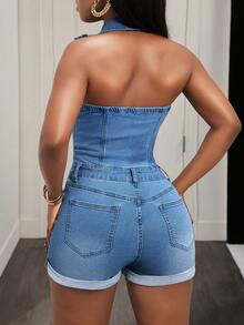 BamGleam Women's Sleeveless Fitted Fashionable Denim Jumpsuit, Summer - Medium Wash - View 2