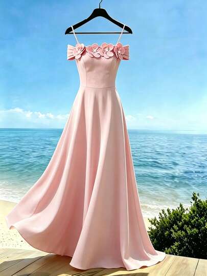 SHEIN Franclia 女士优雅时尚夏季连衣裙，粉色吊带，3D立体花卉装饰，露肩收腰长裙，适合派对、婚礼、聚会等场合。