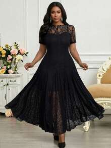 SHEIN Lady Đầm ren màu trơn thanh lịch cỡ lớn, thích hợp cho mùa hè. - màu đen - Xem 3