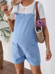 SHEIN Quần yếm denim màu xanh dương dành cho bà bầu - Rửa nhẹ - Xem 5