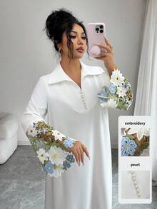 Yasmyna Women's Floral Lace Patchwork Long Sleeve Elegant Arabic Dress - White - View 2