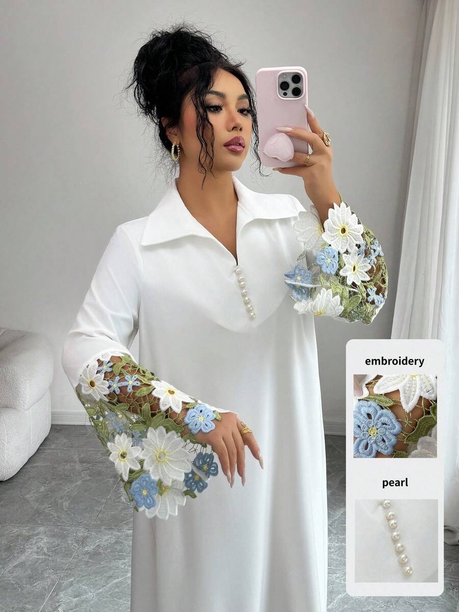 Yasmyna Women's Floral Lace Patchwork Long Sleeve Elegant Arabic Dress
