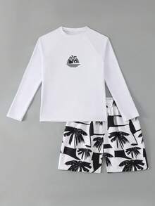 SHEIN Bộ 2 món đồ bơi cho bé trai tuổi teen, áo chống nắng dài tay màu trắng với họa tiết cây cọ và hoàng hôn tối giản, quần bơi họa tiết hình học màu đen, thiết kế cổ tròn cổ điển, thời trang, thoải mái, mát mẻ, thích hợp cho bơi lội, kỳ nghỉ hè, bãi biển, tiệc bể bơi. - Đen và trắng - Xem 7