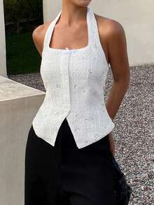 DAZY Áo khoác vest mùa hè thanh lịch dành cho nữ, kiểu dáng thắt eo, cổ yếm, hở lưng, đính sequin và thêu họa tiết, thích hợp buộc dây, chất liệu cao cấp. - trắng - Xem 5