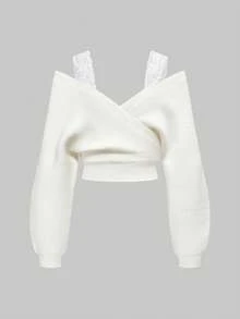 ROMWE Kawaii Conjunto de suéter de punto suave con encaje y hombros descubiertos, versátil, talla grande para otoño/invierno - Blanco - Ver 6