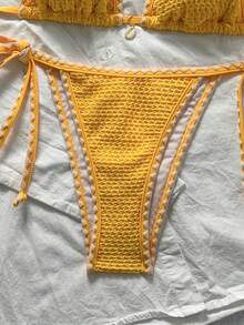 Swim Mod 女士纯色提花面料荷叶边系带两件式比基尼套装，夏季黄色两件式泳衣，黄色两件式泳装，女士黄色泳衣，黄色两件式泳装套装，黄色两件式比基尼套装，女士比基尼套装，女士钩针编织泳装，沙滩度假两件式套装 - 黃色 - 查看 3