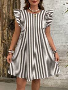 SHEIN VCAY Plus Size Casual Striped Pattern Flutter Sleeve Dress - Coffee Brown - View 6