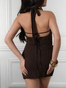 Criza Taa Váy ngắn dệt kim màu nâu họa tiết không tay hở lưng phong cách Bohemian nhiệt đới thanh lịch dành cho nữ, váy cưới bãi biển kiểu phương Tây, tiệc tốt nghiệp, tiệc sáng muộn, tiệc tối cho nữ - Cà phê - Xem 5