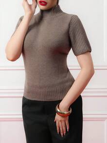Criza Taa Women's Solid Color Turtleneck Short Sleeve Wool Knit Top, Deep Brown, Brown Sweater, Brown Tops , All Season, New Year Clothes Summer Casual - Coffee Brown - View 6