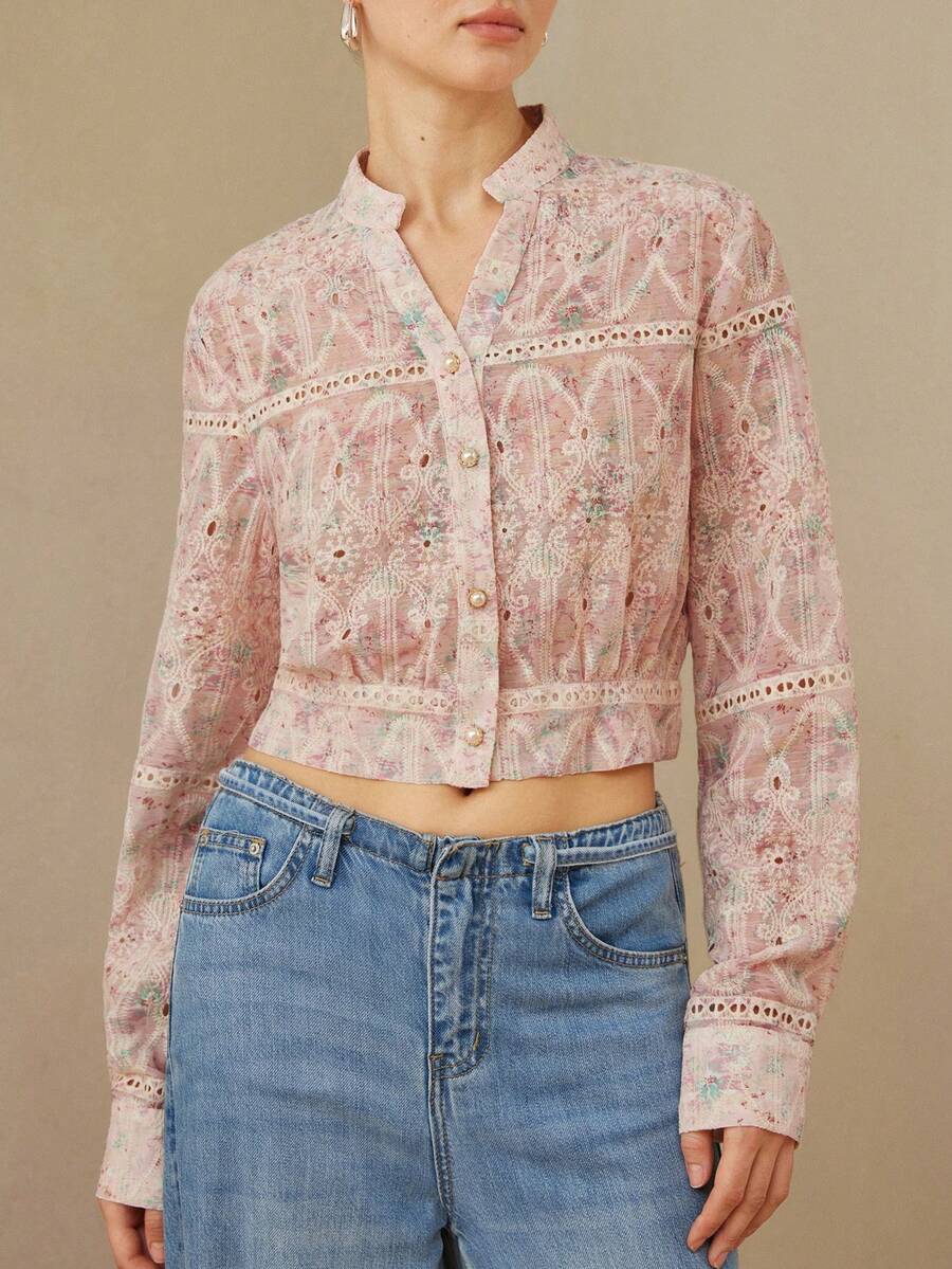 Aveloria Rosie 优雅高贵的女士衬衫，饰以精致的花卉刺绣，V 领设计，珍珠纽扣，长袖，收腰设计，适合工作、旅行和日常穿着。 - 彩色 - 查看 1