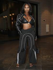 Chea Andrea Girls Back To School Athleisure Woven Tape Black Wide Leg Sweatpants Joggers - Black - View 4