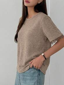 DAZY 女款夏季圓領短袖蕾絲拼接休閒套頭T恤商務休閒女裝 - 卡其色 - 查看 4