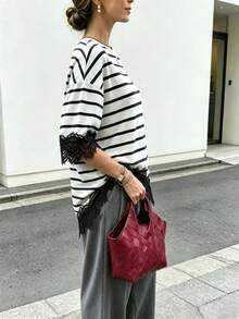 Pariaura New Summer Collection: Women's Loose-Fit Short-Sleeve T-Shirt Featuring A Designer Asymmetrical Hem, Black-And-White Striped Paneling, And Black Lace Trim-Perfect For Vacation, Casual Outings, And Everyday Summer Wear. - Black and White - View 4