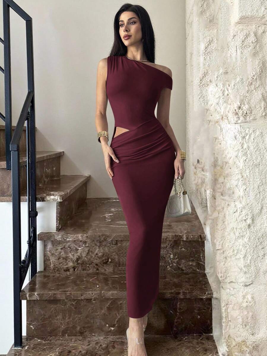 Firerie Đầm bó vai lệch vai nhún bèo gợi cảm, thời trang tối giản thanh lịch dành cho nữ, đi chơi ngoài trời, đi nghỉ, lễ hội âm nhạc, màu mơ