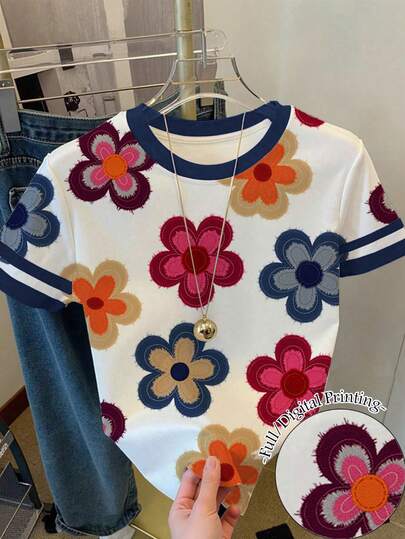Tween Girl Cute Textured Floral Print Vintage Style Round Neck Short Sleeve T-Shirt, Suitable For Summer, Everyday Wear, Back To School, Sisters