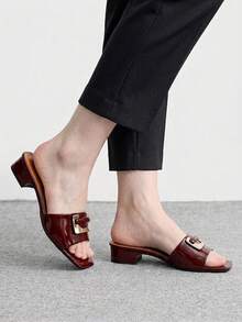 CUCCOO BIZCHIC Light Luxury Metal Buckle Square Slippers, Thick Heels Are Not Tired, And Sandals Are Worn Outside In Summer. Summer Shoes - Burgundy - View 3
