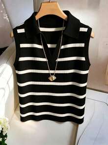 Áo vest dệt kim cổ bẻ kẻ sọc thanh lịch, kiểu dáng thường ngày dành cho nữ - màu đen - Xem 4