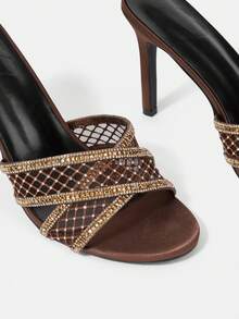 CUCCOO HITCHD Women's High-Heeled Sandals, Gold Mesh Rhinestone Trim Stiletto Muller Drag, Cross-Strapped Sequined Sandals, Dinner Date Temperament High-Heeled Slippers - Brown - View 10