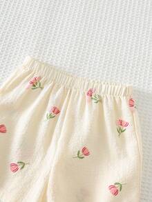Cozy Pixies Baby Girl Floral Print Contrast Color Bow Decor Sleeveless Top And Elastic Waist Shorts 2Pcs Set - Pink - View 7