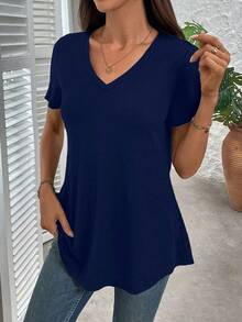 EMERY ROSE Plus Size Solid Half Sleeve Casual V Neck T-Shirt For Summer - Navy Blue - View 4