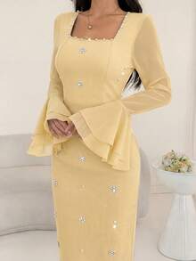Modelyn Women's Elegant Pale Yellow Summer Party Dress,Rhinestone Flower&Pearl Beaded Chiffon Long Sheer Flared Bell Sleeve Maxi A-Line Formal Prom Dresses - Yellow - View 4