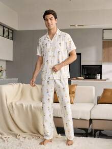 CoupledUp 男士趣味马戏团卡通印花短袖睡衣套装，春夏款 - 彩色 - 查看 4