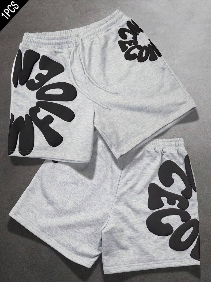 SLATEMANN Men's Letter Print Drawstring Waist Casual Shorts, Summer - Grey - View 1