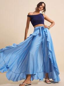 Women's Spring/Summer Vacation Blue 2 In 1 Ruffle Hem Culottes,  Prom Pants - Sky Blue - View 4
