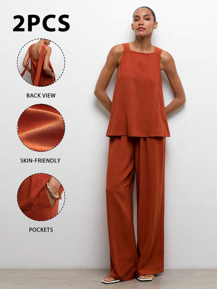 SHEIN Maija MAIJA Elegant Linen Blazer & Trousers Matching Two Pieces Set