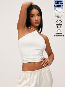 SHEIN BASICS Women's Solid Color Fitted Casual Halter Neck Tank Top - White - View 5