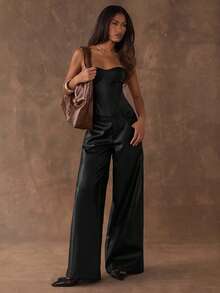 SHEIN Tall CURVE 大码女式PU皮革休闲百搭日常穿搭抹胸上衣 - 黑色 - 查看 7
