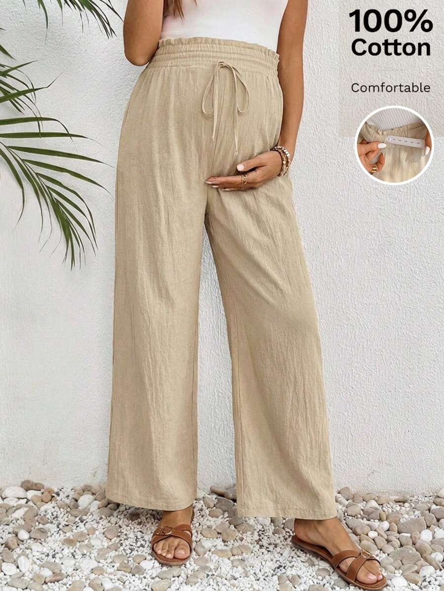 SHEIN 孕妇纯色系带宽松休闲裤 - 卡其色 - 查看 1