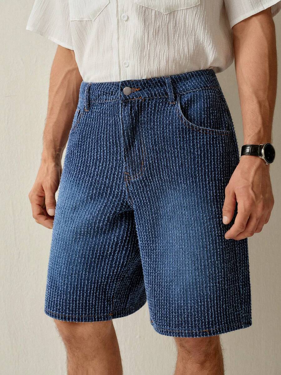 RONVEXI Quần short denim nam kẻ sọc dọc jacquard - Màu xanh lam - Xem 1