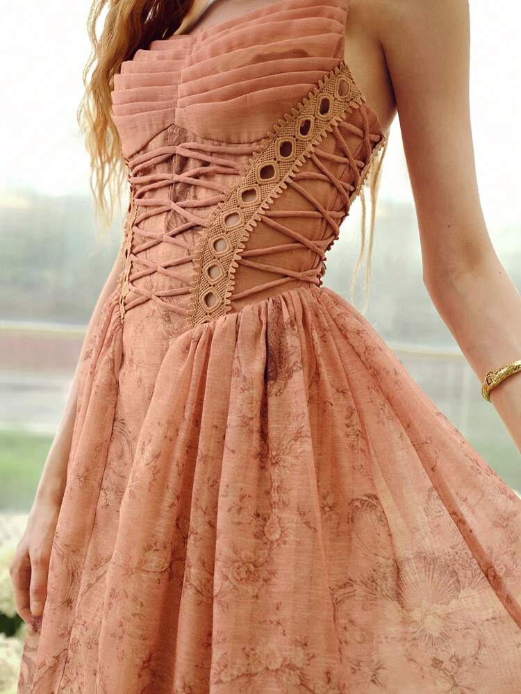 SHALLOW RED LACE-UP CAMI A-LINE DRESS, SPRING/SUMMER
