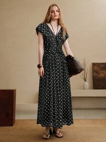 Arave Damen V-Ausschnitt Rüschenärmel Polka Dot Digital Muster Chiffon Kleid, elegant für Dates - Schwarz - Übersicht 7