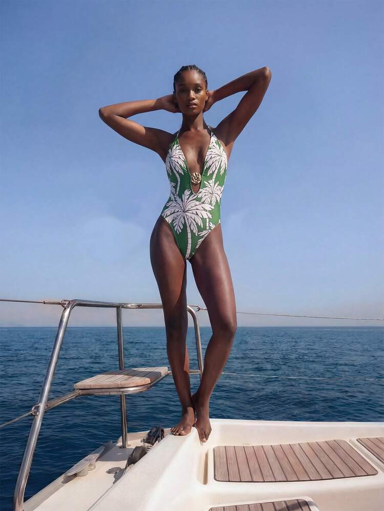 SHEIN Maija Women's Vacation Beach Coconut Tree Print Backless Halter One-Piece Swimsuit